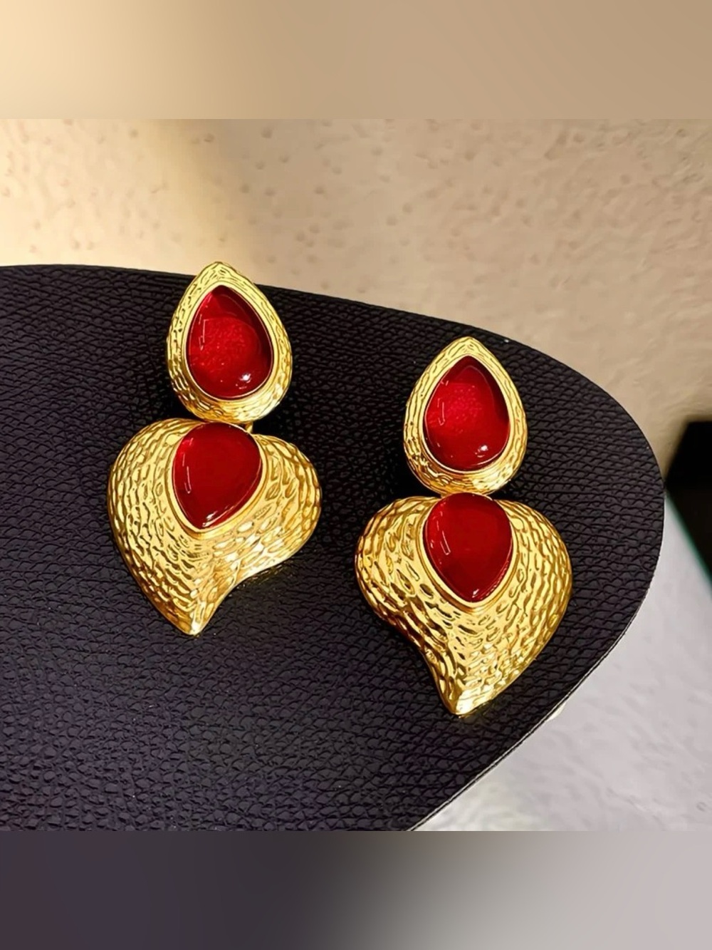 Elegant Gold & Red Teardrop Statement Earrings - Vintage style Jewelry